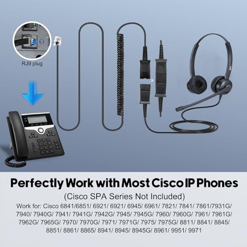 MKJ Telephone Headset Noise Canceling Corded RJ9, Wired Headphone with Microphone Dual Ear Call Center Office Headset Compatible with Cisco CP-7821 7841 7861 7945G 7962G 7975G 8841 8865 9971