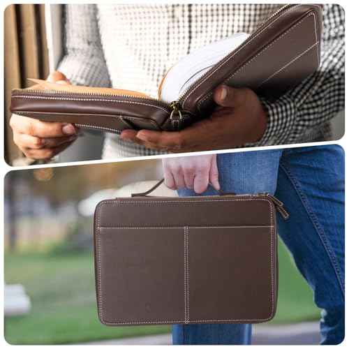 Top Grain Leather Bible Cover for Men Women Buffalo Genuine Leather Bible Case Book Holder Bag with Zipper Handle Back Pocket Bookmark Father's Day Religious Gift(Dark Brown,Medium,Classic)