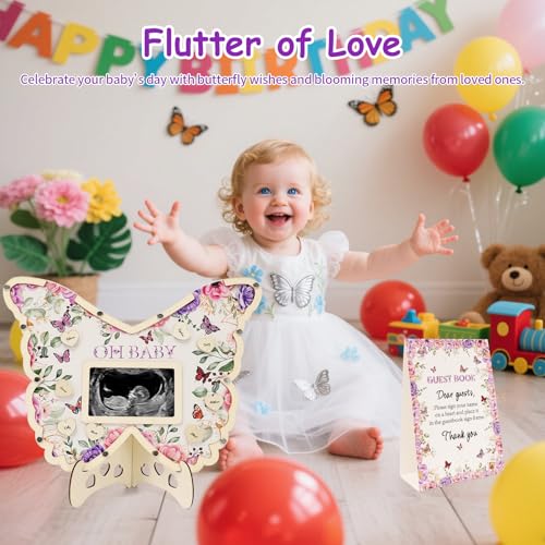 Butterfly Baby Shower Guest Book Set with Frame, 60 Wooden Hearts, Pen – Purple Butterfly (Threelf)