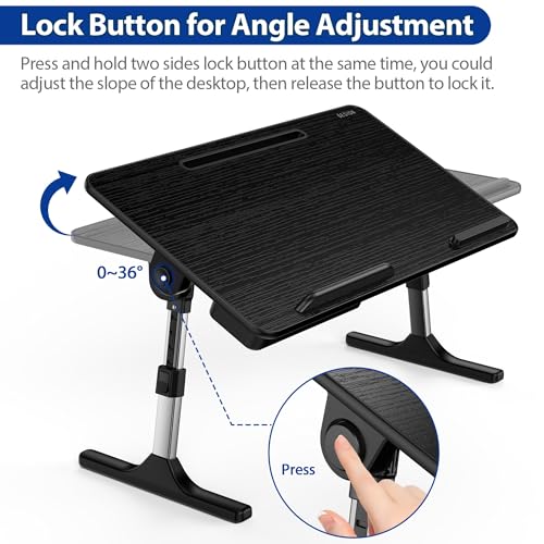 Besign LT05 Adjustable Laptop Table, Lap Desk, Portable Standing Bed Desk, Foldable Sofa Breakfast Tray, Notebook Computer Stand for Reading and Writing, Medium Size, Black