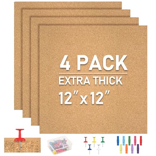 Cork Board Tiles - 4 Packs Adhesive Corkboards for Wall, Small Cork Board Squares Decorative for Office, School & Home
