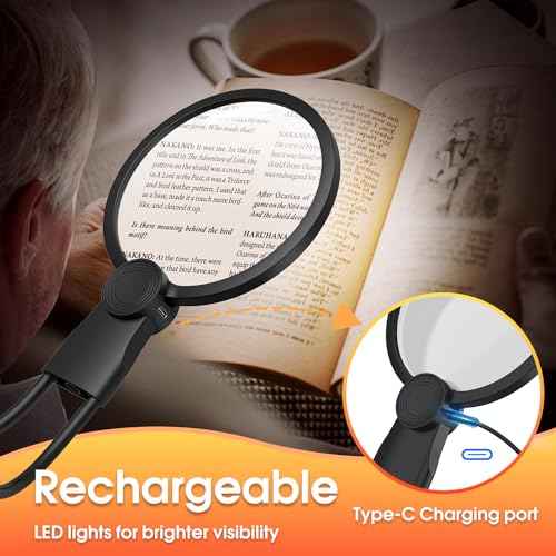 IMICHI Large Magnifier with Light-Hands Free- 5.1 Inch 6X Magnifying Glass Suit for Large Hands/Pursuing a Wide View, Neck-Worn Magnifier for Seniors, Gifts Perfect for Reading, Sewing