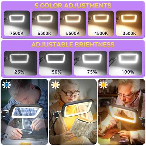 10X 30X Extra Large Magnifying Glass with Light and Stand,7-inch Lighted Magnifier,5 Color Modes Stepless Dimmable,Rectangle Hands-Free Magnifying Glass Desk Lamp for Reading Craft Hobby Close Work