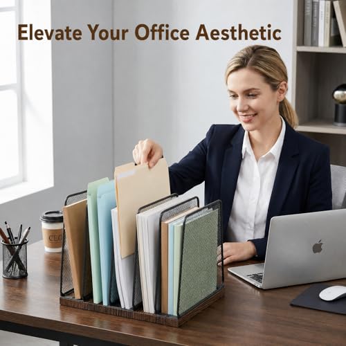 Becomrock Rustic Brown 5-Section Vertical Desk File Organizer with Wooden Base & Metal Mesh