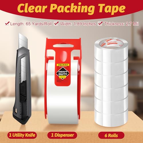 PACKKA Heavy Duty Clear Packing Tape with Dispenser & Utility Knife - 6 Rolls