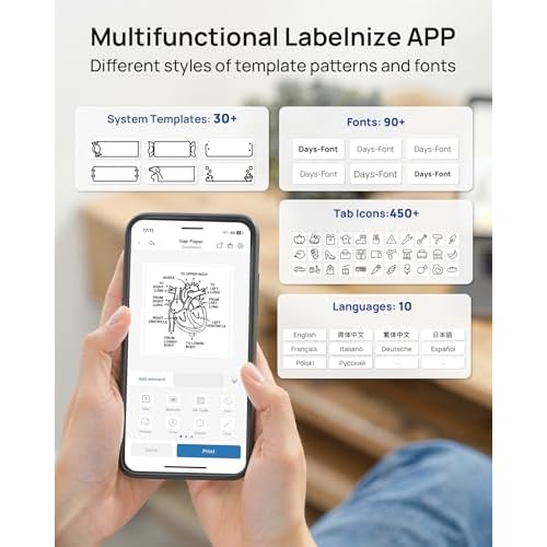 PM260 Label Maker Machine with Tape, 2 Inch Label Maker Bluetooth Label Printer, Inkless Portable Labeler for Home, Kitchen, School, Office Organization, Black