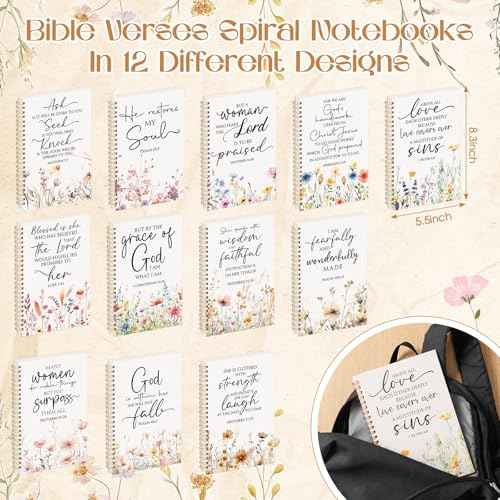 Supervitae 12 Pack Christian Gifts for Women Bulk Bible Verse Spiral Notebooks A5 Aesthetic Inspirational Religious Journals Prayer Notepad with Scriptures for Church Sunday School Teachers(Flowers)
