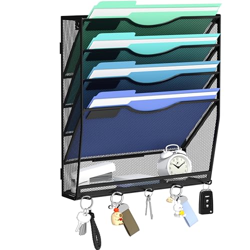Gawerk 4+1-Tier Wall-Mounted File Organizer with 5 Hooks - Office & Home Mail Storage