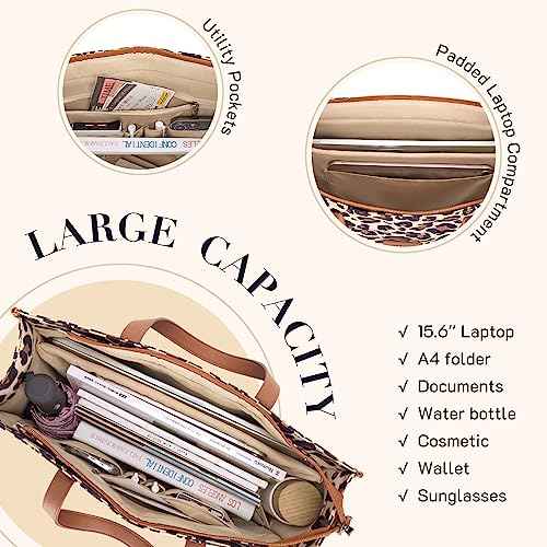 Missnine Laptop Tote Bag Canvas Laptop Bag 15.6 inch Work Shoulder Bags Casual Briefcase Handbag for Travel, Office, School (Leopard Print)