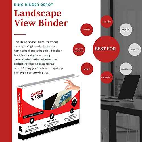 4 Pack of 8.5" X 11" Landscape View Binder, 3-Ring 1-Inch Capacity Round Ring, White Horizontal Formatted with Clear Cover Pockets, Perfect for Documents, Spreadsheets, Projects and More