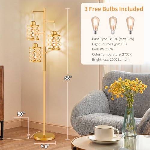 68" Dimmable Floor Lamp, Modern Standing Lamp with Elegant Metal Cage, Industrial Tall Tree Floor Lamps for Living Room, Bedroom, Study Room, Office (2000LM LED Bulbs Included) - Gold