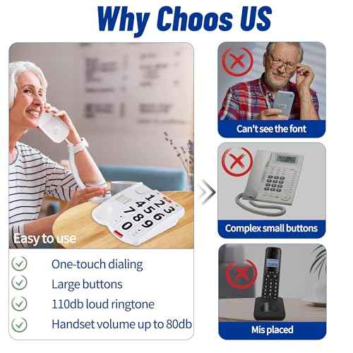 Large Button Phones for Seniors, Land Line Phones for Elderly - Big Button Home Telephone for the Visually Impaired, 110dB+ Amplified Ringer & 90dB+ Handset Volume for the Hearing Impaired House Phone