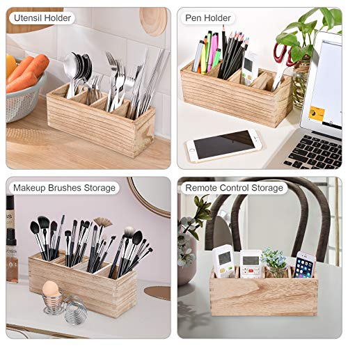 Wooden Pen Pencil Holder for Desk, 4 Compartment Rustic Rectangular Pen Organizer, Wood Desktop Organizer Caddy, Multi Purpose Use for Home School Office Supplies, Stationery