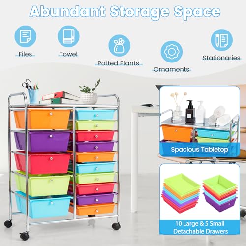 DREAMADE 15-Drawer Rolling Cart with Lockable Wheels, Multi-Color 25"L x 14.5"W x 34.5"H