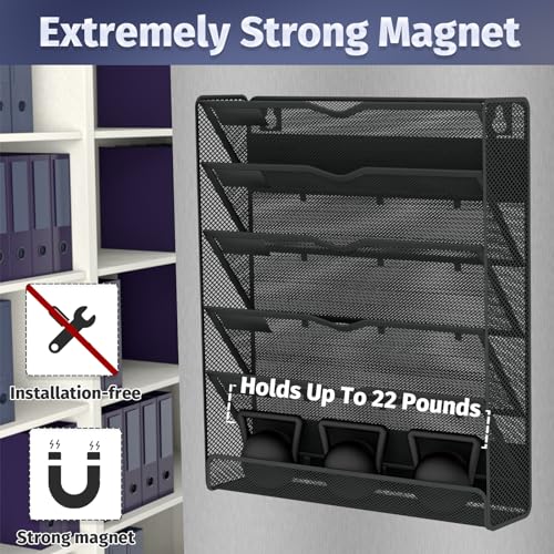 6-Tier Magnetic File Holder, Large Capacity File Cabinet Organizer, No-Drill Mount Hanging Magnetic Paper Holder for File Cabinets, Office, Whiteboard, Magnetic Mail Holder, Black