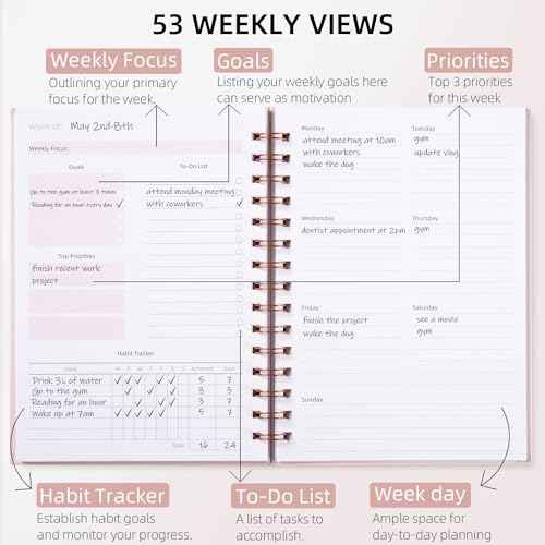 Undated Weekly and Monthly Planner Spiral Bound- Weekly Goals Notebook, To Do List, Habit Tracker Journal, Academic, Aesthetic, Stylish School or Office Supplies (6.1" x 8.4" - Pink)