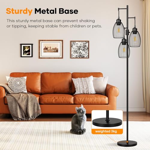 Nintiue Matte Black Dimmable Farmhouse Floor Lamp with 3 LED Bulbs, Tall Standing Tree Lamp for Living Room & Bedroom