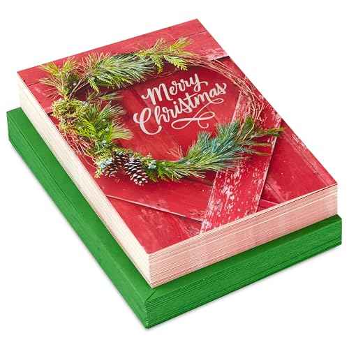 Hallmark Bulk Rustic Boxed Christmas Cards (40 Cards and 40 Envelopes) Red Barn Door with Wreath, Merry Christmas