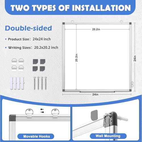 WALGLASS Double-Sided White Board, 24" x 24" Dry Erase Board Magnetic Whiteboard for Wall, Hanging Mounted Whiteboard Silver Aluminium Frame for Home, School, Office, Kitchen