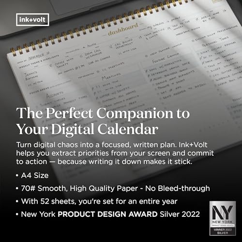 Ink+Volt Black Spiral Desk Pad Weekly Planner | Undated A4 Notepad for Work & Study