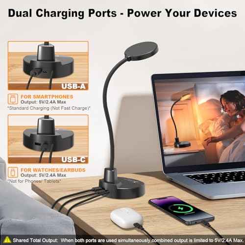 15W LED Desk Lamp with USB Charging Ports ? Dimmable Table Lamp with 3 Color Temps, 5 Brightness, 4 Timers, Flexible Gooseneck Light with Base, Eye-Caring Reading Light for Home Office, Bedroom, Study