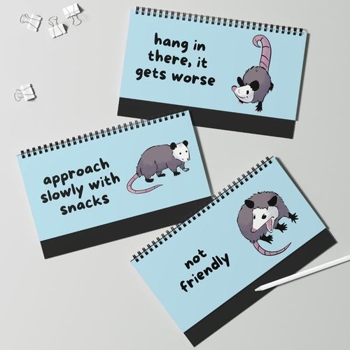 Opossums At Work Desk Sign - Funny 12-Page Spiral Flip Stand | 10x5 Inch Professional Mood Display