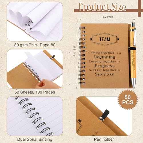 Fulmoon Employee Appreciation Gifts Thank You Gifts Inspirational Spiral Notepads Bulk with Bamboo Pen 3.9 x 5.5 Inch Motivational Notebooks for Coworker Staff Gift (50 Sets)