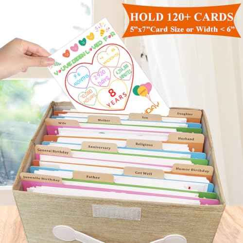 Greeting Card Organizer & Storage Boxes with 16 Pieces Adjustable Dividers, Storing 120+ Cards with 84 Pieces Labels (Khaki - 2 Pack)