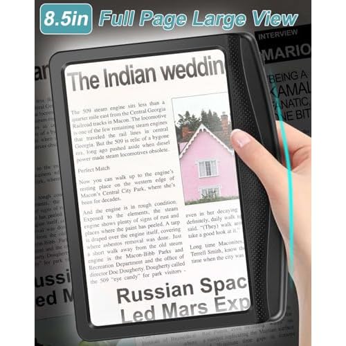 5X Rechargeable Magnifying Glass for Reading, Large Bright LED Lighted Full Page Magnifier, Lightweight Rectangular Handheld Magnifier with Light for Reading Small Prints for Seniors, Low Vision