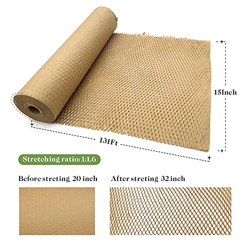Aspamms Honeycomb Packing Paper 15" x 131' Khaki Recyclable Cushioning Wrap for Moving & Shipping