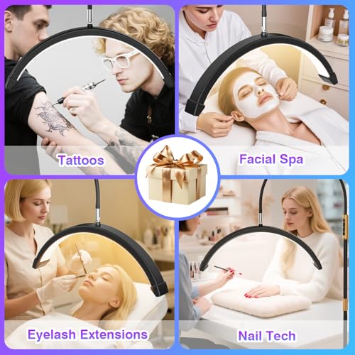 Half Moon Light, Lash Light for Eyelash Tech, LED Floor Lamp for Eyelash Extensions, Nail Art, Tattoo Art and Skincare, Adjustable Color Modes and Flexible Gooseneck, with Tray - Black
