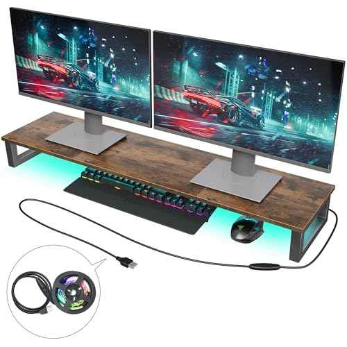OROPY Dual LED Monitor Stand with RGB Strip Lights, 37.7" Large Computer Stand for 2 Monitors, Long Wood Desk Riser Shelf for TV, Laptop, Printer, Vintage Brown