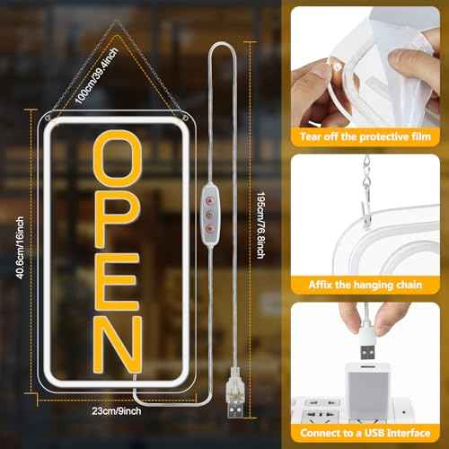 Open Signs for Business, 16''¡¿9'' Bright High Visibility Open Sign LED Powered by USB with ON/OFF Switch, Adjustable Brightness COB Open Signs for Bar Shop Coffee Salon Hotel Wall Window Storefront (Vertical)