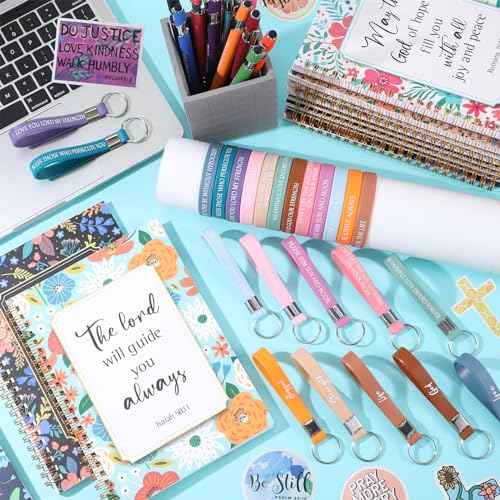 Zhanmai 146 Pcs Church Gifts for Women Bulk Bible Verse Notebooks and Pens Inspirational Keychain Religious Bracelets Stickers Christian Favors Gifts for Women Christmas