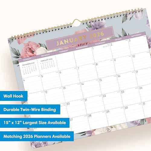 Blue Sky 2026 Monthly Wall Calendar, January 2026 - December 2026, Durable Twin Wire Binding, 15" x 12", Perfect For Home, Office And Classrooms, Tula