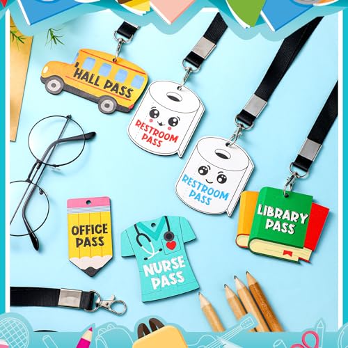 Sabary 6 Sets Hall Pass Lanyards and School Passes Set Unbreakable Wooden Bathroom Passes for Classrooms Hall, Restroom, Library, Office and Nurse School Teacher Supplies Gift (Cute Style)
