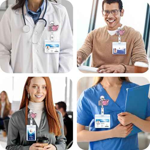 Funny Skeleton Office Badge Buddy, How to BE A Nurse Work Badge Holder with Retractable Clip, Cute Pink Medical Badge Clip for RN CNA LPN LVN MA Hospital Worker Nursing Student Teacher