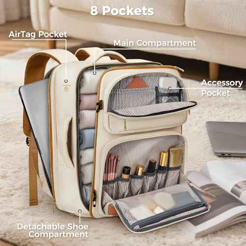 Taygeer Personal Item Travel Bag Backpack, Underseat Spirit Airlines Personal Item Bag 18x14x8 with Makeup Compartment, 18x14x8 Inches Carry on Backpack for Women Fits Spirit Frontier Allegiant, Beige