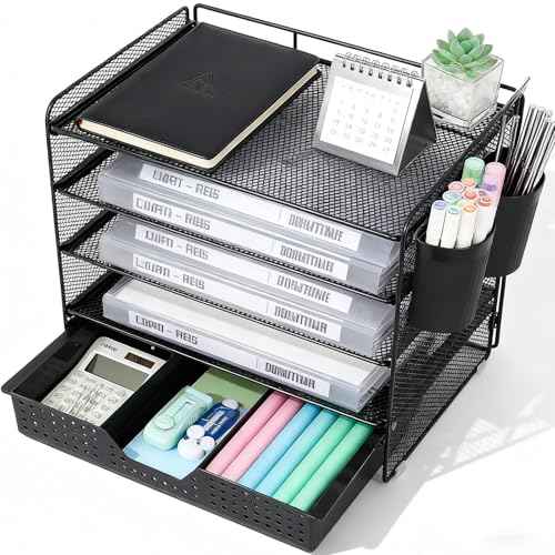 5-Tier Paper Organizer Letter Tray with Drawer & 2 Pen Holders, Desk Organizer and Accessories for Desktop File Workspace Organization, Office Desk Accessories Office Supplies Storage (Black)
