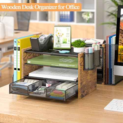 Wooden Desk Organizers and Accessories with File Holder, 4-Tier Paper File Organizer with Drawer & 2 Pen Holders, Office Desk Accessories, Desktop Organizer and Storage for Home Office