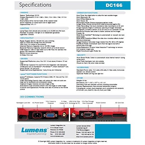 Lumens DC166 SXGA 6X Optical Document Camera Projector