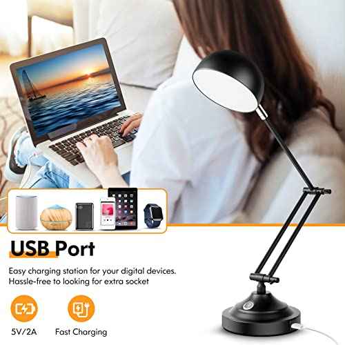 Touch Control LED Desk Lamp with USB Charging Port, Architect Black Metal Lamp with Adjustable Swing Arm, Dimmable Modern Table Lamp for Home Office Reading Study, 3000K/4000K/5000K 3 Color Modes
