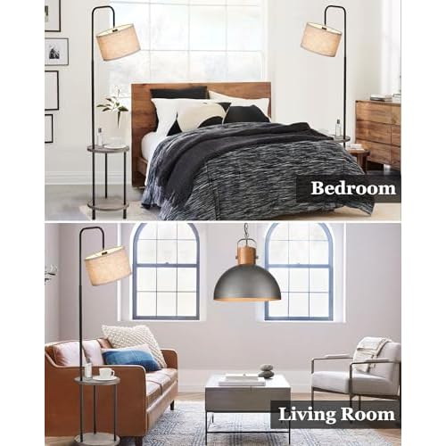 ELYONA Solid Wood Floor Lamp - Rustic Side Table Lamp for Bedroom & Living Room - Mid Century Modern Floor Lamp with 3 Color Temperatures LED Bulb - Industrial Tall Pole Reading Standing Light - Grey