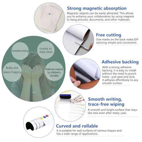 Magnetic Dry Erase Whiteboard Paper with Adhesive, 47" x 23" White Board Film for Wall, Easy to Write and Clean Dry Erase Board for Office, Classroom, Home, Include Marker, Magnetic Eraser and Magnets