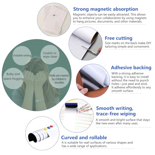 Magnetic Dry Erase Whiteboard Paper with Adhesive, 30" x 15" White Board Film for Wall, Easy to Write and Clean Dry Erase Board for Office, Classroom, Home, Include Marker, Magnetic Eraser and Magnets