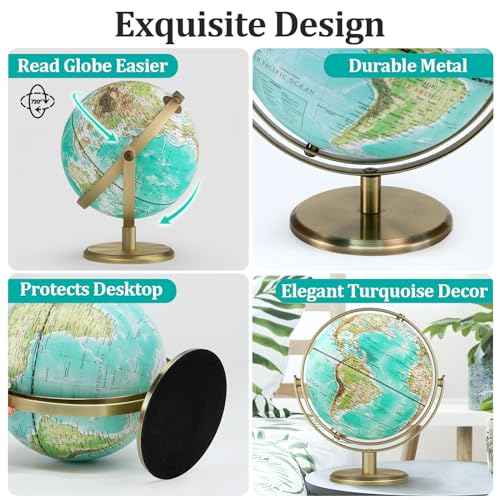 8'' World Globe with Gold Stand 720¡Æ Rotating, Kids Adults Student Geography Educational, Desk Globe Decorative Office Classroom, Unique Birthday Christmas Gifts (Elegant Turquoise)
