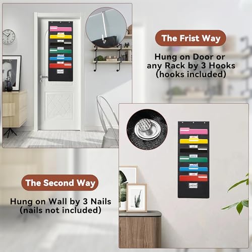 Black Hanging Wall File Organizer with 6 Pockets,2 Packs Wall Hanging File Folder Organizer,Over the Door Storage Pocket Chart with 3 Metal Hangers, Space Saver for Office and Classroom