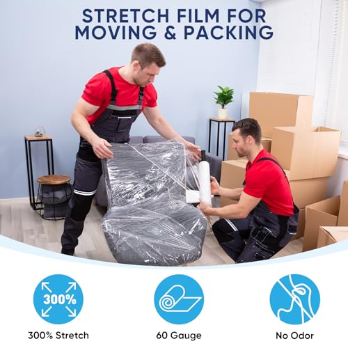 TICONN Stretch Wrap Stretch Film Roll, 1000ft Industrial Strength 15 inch Wide Clear Plastic Wrap with Handles for Pallet Wrapping Shipping Moving