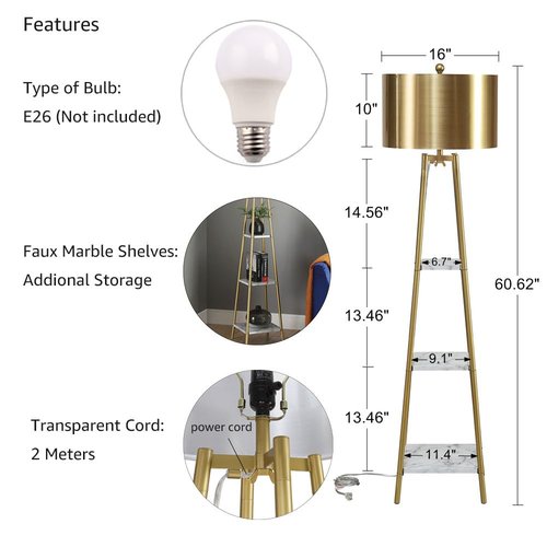 ROSEN GARDEN Floor Lamp, Standing Reading Light with Shelves and Gold Shade, Modern Tall Pole Lamp, Accent Furniture Décor Lighting for Living Room, Bedrooms