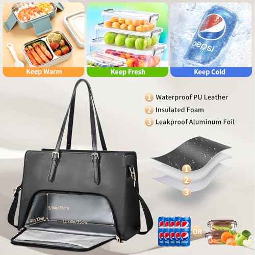 BERTASCHE Laptop Tote Bag with Insulated Lunch Compartment, 15.6 Inch PU Leather Work Bag Computer Briefcase for Women, Waterproof Laptop Shoulder Handbag for Business,Office,Work, Black